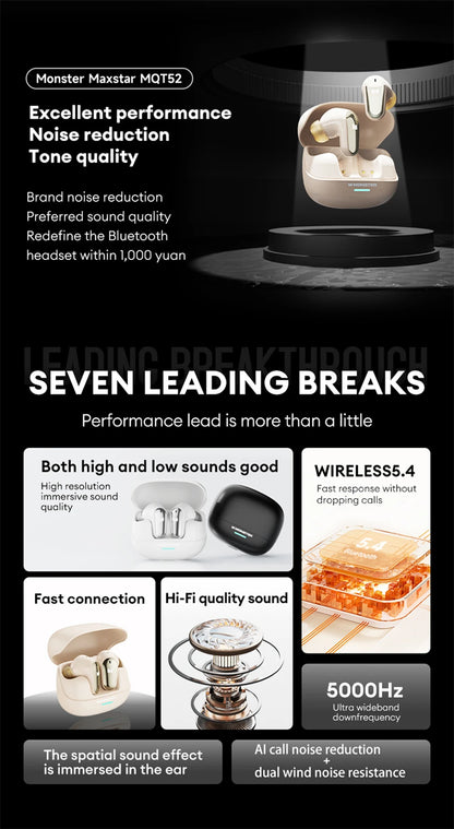 Monster MQT52 Wireless Earphones – Bluetooth 5.4 | 24Hr Battery | Gaming Mode