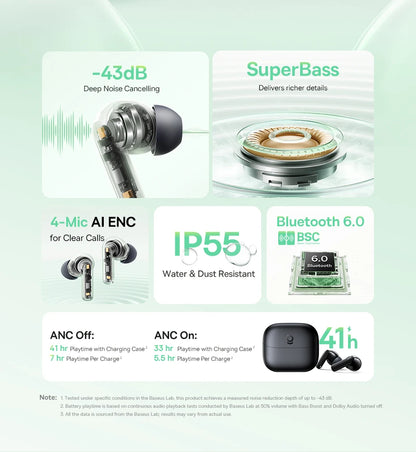 Baseus Bass EP10 ANC Earbuds – -43dB Noise Cancelling, Bluetooth 6.0, 41Hr Battery, 4-Mic ENC