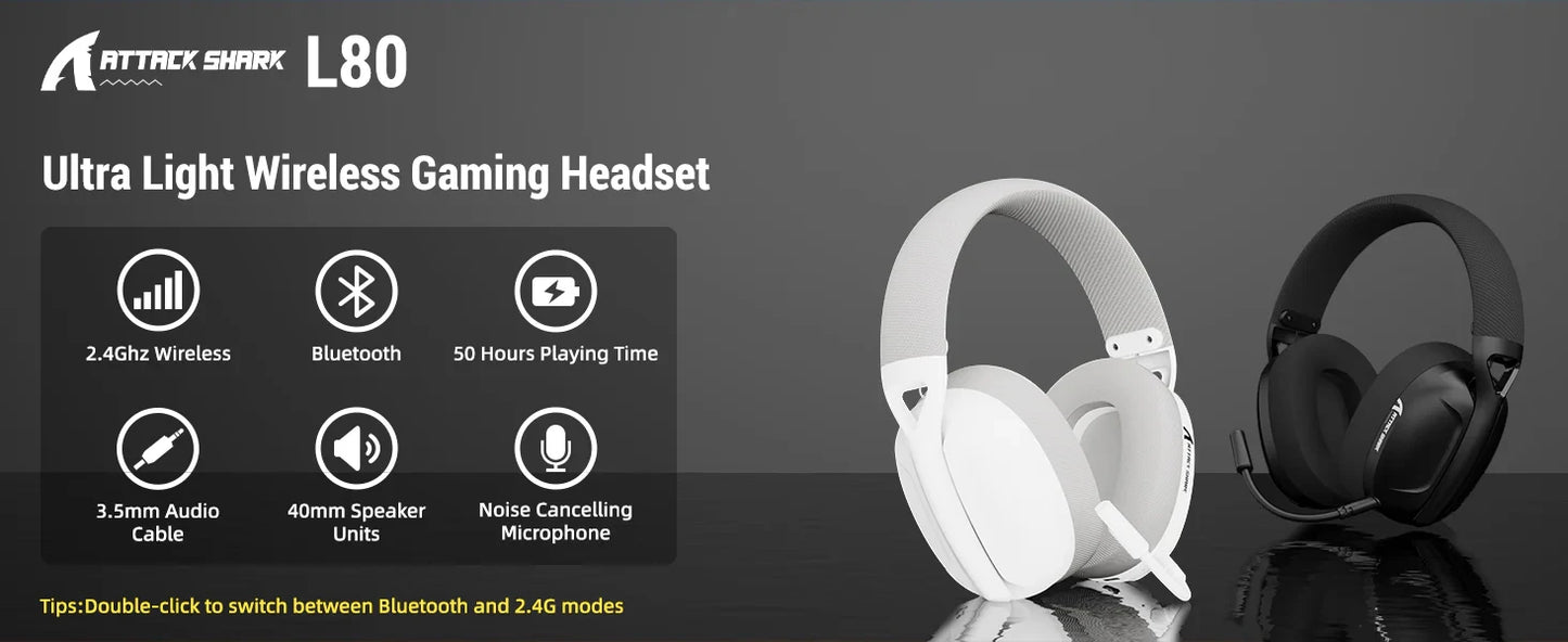 ATTACK SHARK L80 Ultra-Light Wireless Gaming Headset — Tri-Mode, PC/PS5/Xbox/Switch
