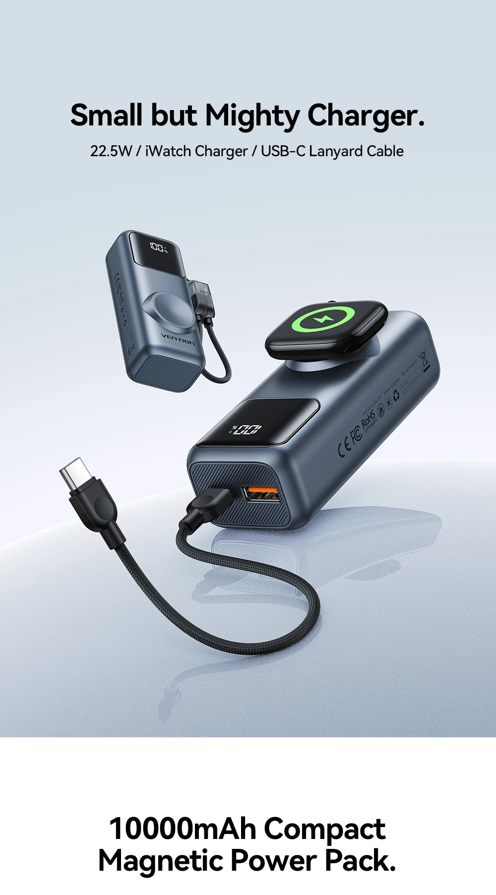 Vention 10000mAh Power Bank – 22.5W, Wireless Charging, Apple Watch Charger, Digital Display