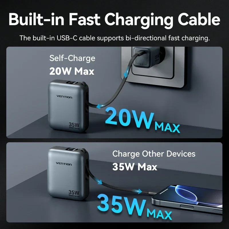 Vention 10000mAh Power Bank 35W – 3C Fast Charge, Built-In Cable, Digital Display, Beige / Gray