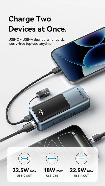 Vention 10000mAh Mini Power Bank – 22.5W Fast Charge, Built-In USB-C Cable, Digital Display
