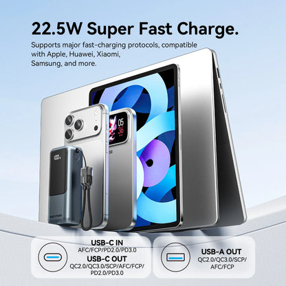 Vention 10000mAh Mini Power Bank – 22.5W Fast Charge, Built-In USB-C Cable, Digital Display