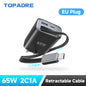 65W GaN 3-Port Travel Charger with Retractable USB-C Cable