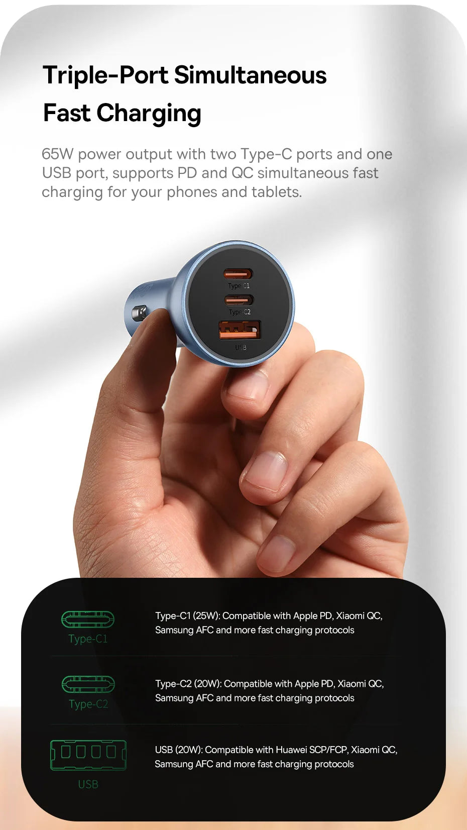 Baseus 65W Car Charger — 3-Port USB-C & USB-A, Fast Charging