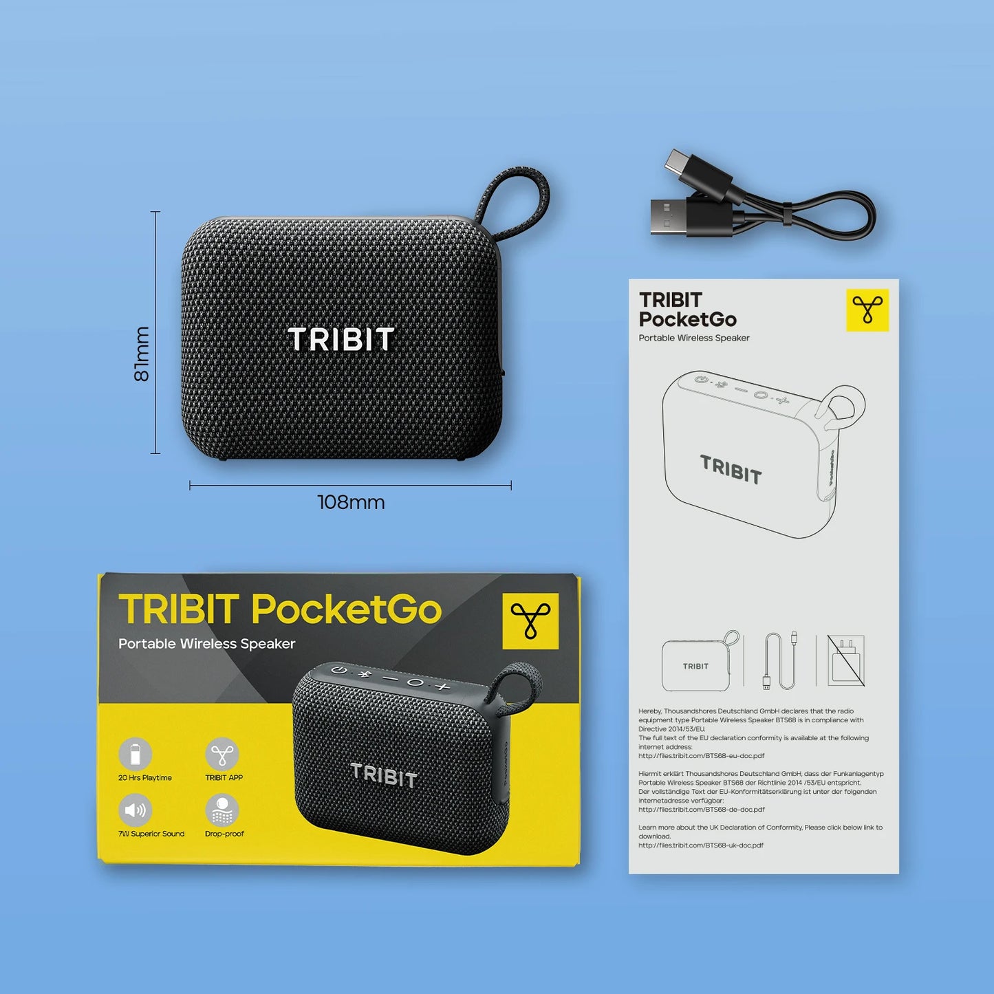 Tribit PocketGo Portable Bluetooth Speaker – IP68 Waterproof, BT 6.0, TWS, 80m Range, App EQ