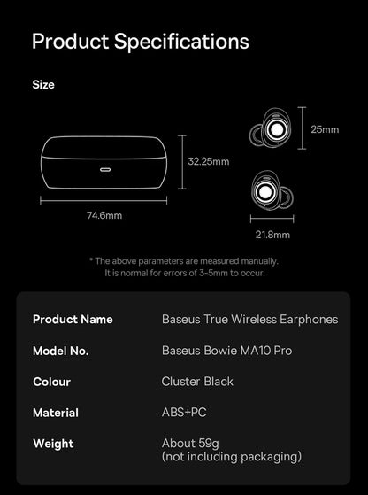 Baseus Bowie MA10 Pro ANC Earbuds – 48dB Hybrid ANC, Bluetooth 5.3, 40Hr Battery, 4-Mic ENC