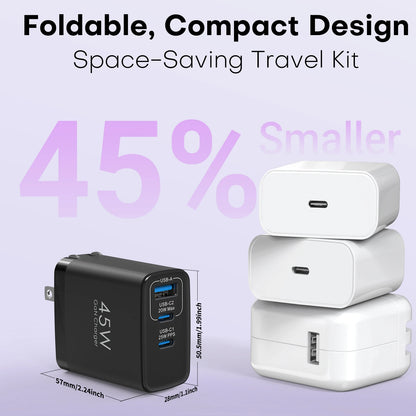 45W 3-Port GaN Wall Charger – USB-C & USB-A (2-Pack)