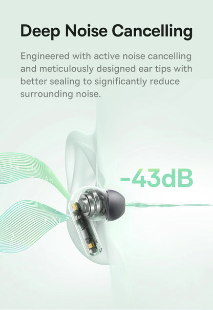 Baseus Bass EP10 ANC Earbuds – -43dB Noise Cancelling, Bluetooth 6.0, 41Hr Battery, 4-Mic ENC