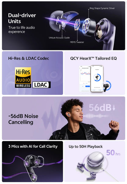 QCY MeloBuds N70 Wireless Earbuds – Adaptive ANC, LDAC Hi-Res, 50H Battery