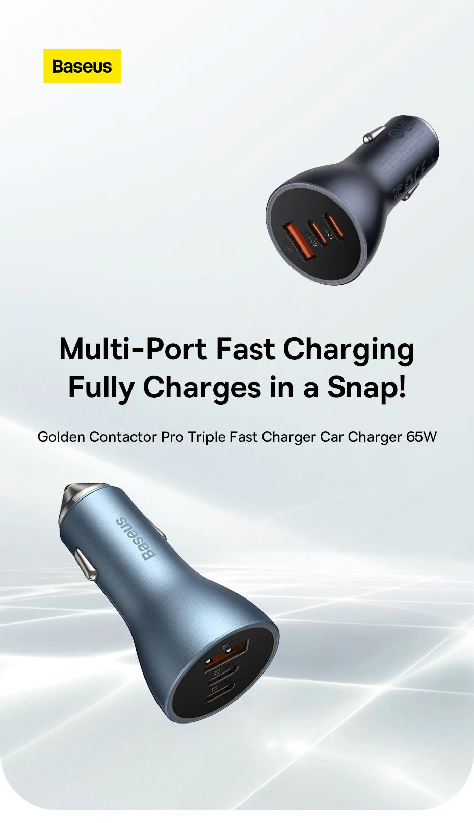 Baseus 65W Car Charger — 3-Port USB-C & USB-A, Fast Charging
