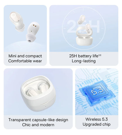 Baseus WM02 True Wireless Earbuds – Bluetooth 5.3, 25Hr Battery, Built-In Mic, USB-C