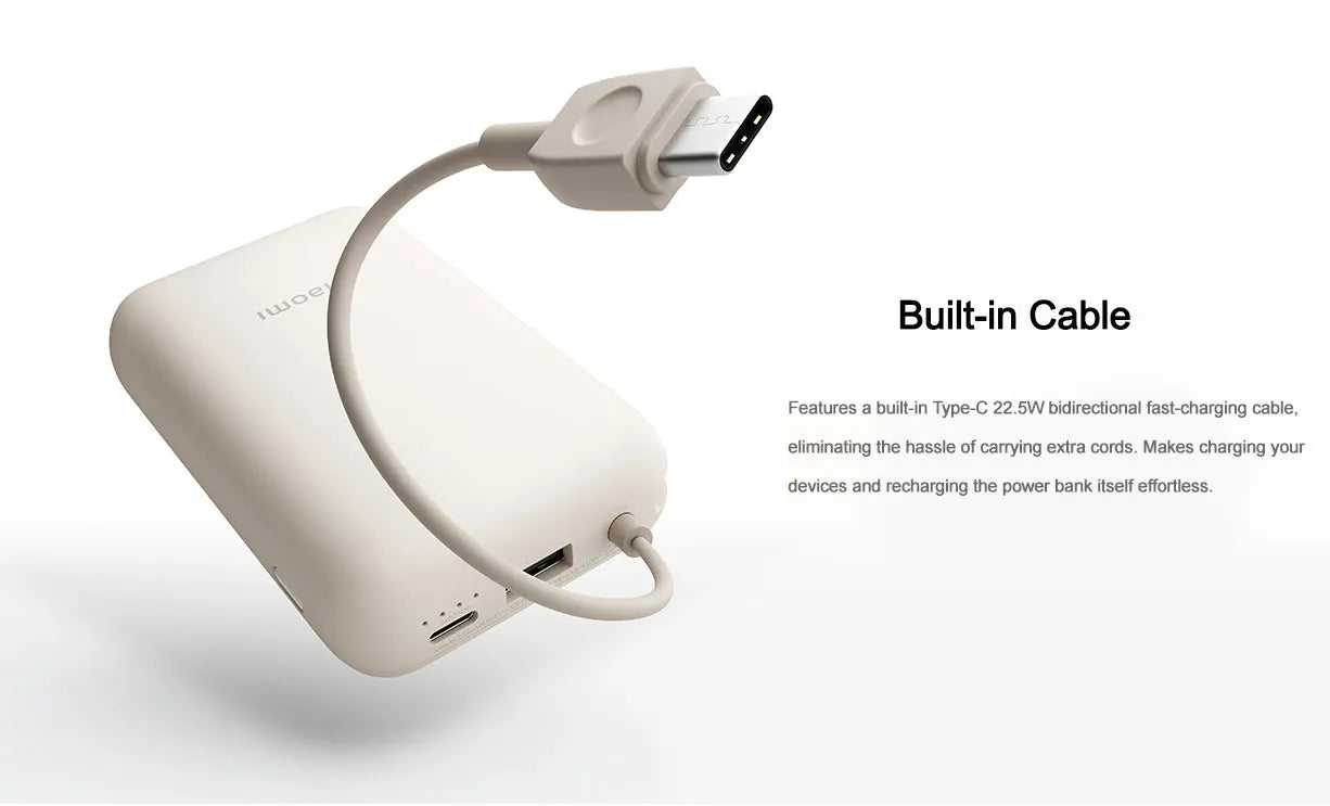 Xiaomi 10000mAh Pocket Power Bank – 22.5W Fast Charge, Built-In USB-C Cable, Triple Output