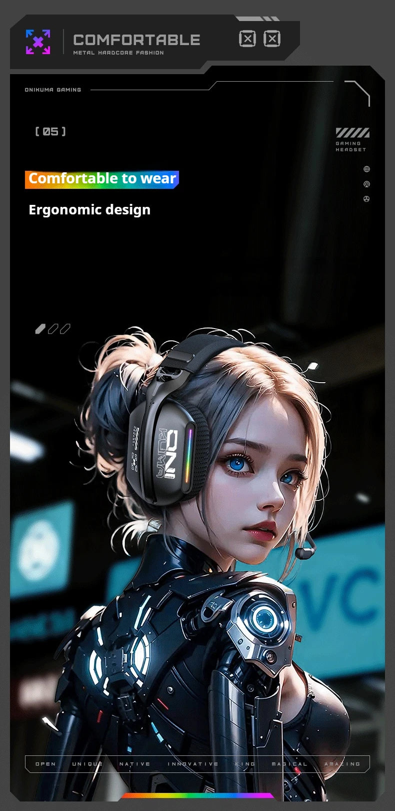 ONIKUMA GT808 Tri-mode Gaming Headset RGB Lighting 2.4G Wireless Gaming PC Wired Desktop with Headset   Ultra Long Life