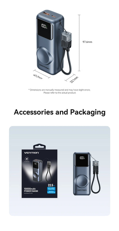 Vention 10000mAh Power Bank – 22.5W, Wireless Charging, Apple Watch Charger, Digital Display