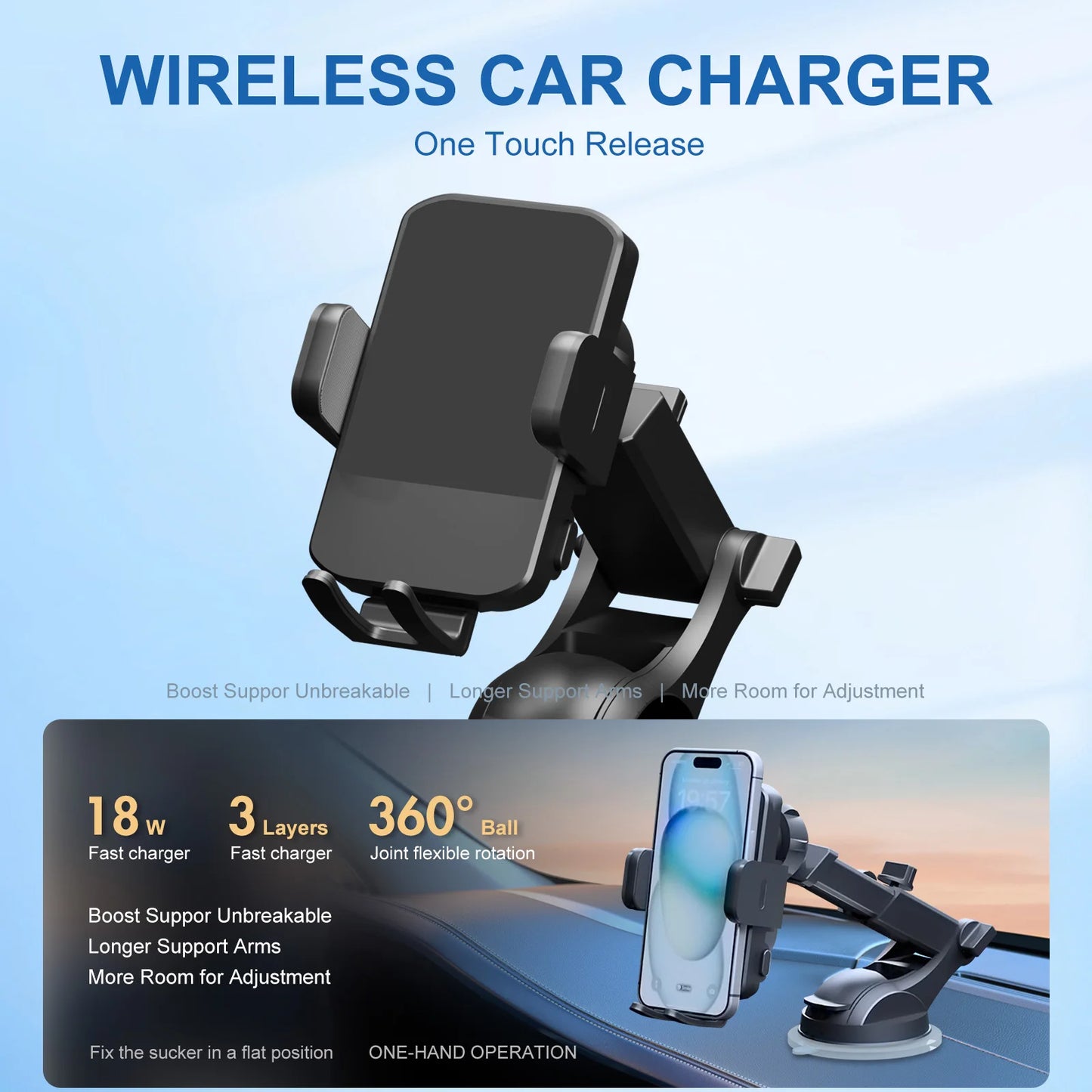 15W Wireless Car Charger & Phone Holder Mount