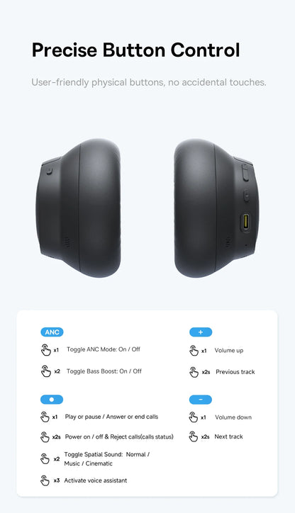 Baseus Bass EH10 NC ANC Headphones  -45dB Noise Cancelling, Bluetooth 6.0, 80Hr Battery, Spatial Audio
