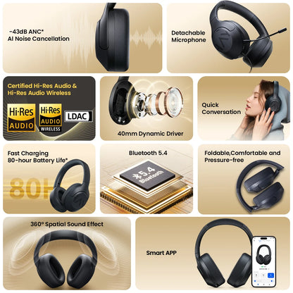 HAYLOU S30 ANC Over-Ear Headphones – 43dB Adaptive ANC, LDAC Hi-Res, 80Hr Battery, Memory Foam