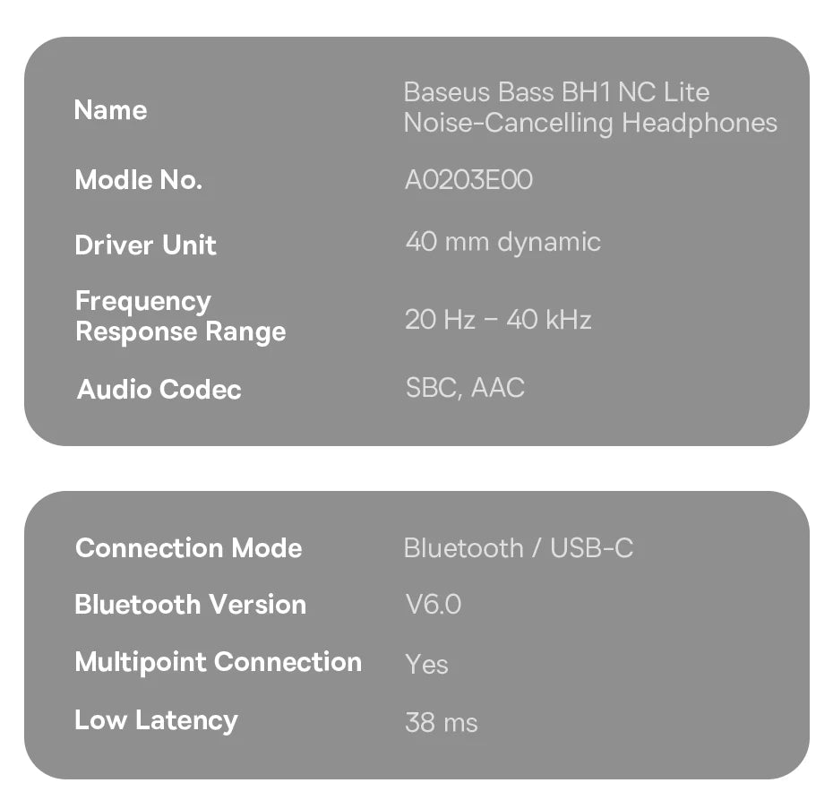 Baseus Bass EH10 NC ANC Headphones  -45dB Noise Cancelling, Bluetooth 6.0, 80Hr Battery, Spatial Audio