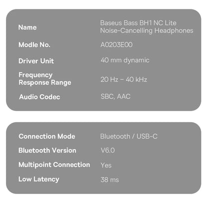 Baseus Bass EH10 NC ANC Headphones  -45dB Noise Cancelling, Bluetooth 6.0, 80Hr Battery, Spatial Audio