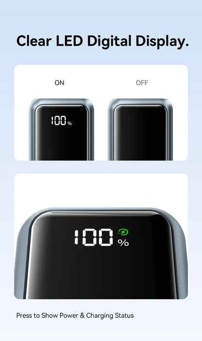 Vention 10000mAh Mini Power Bank – 22.5W Fast Charge, Built-In USB-C Cable, Digital Display