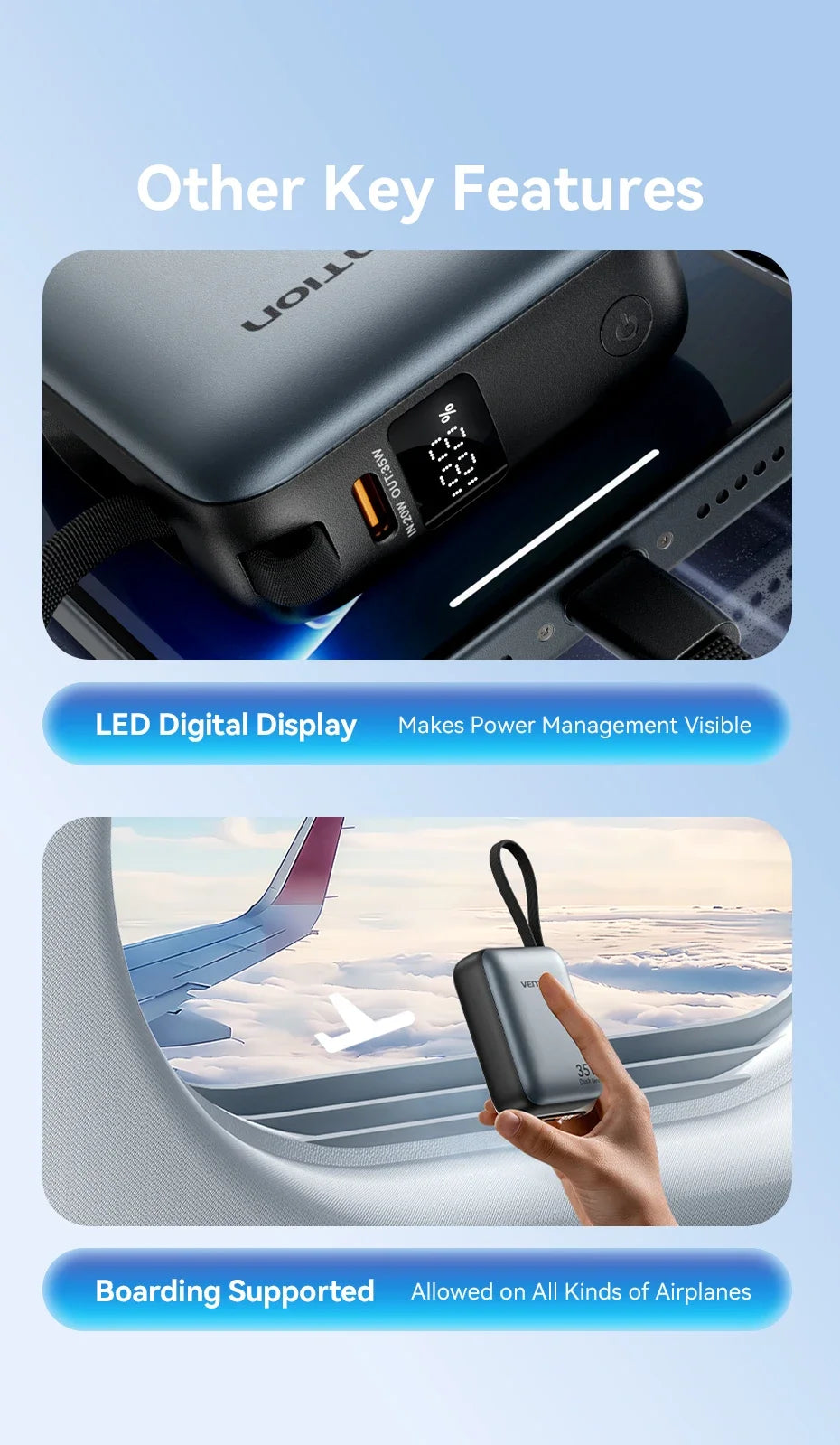 Vention 10000mAh Power Bank 35W – 3C Fast Charge, Built-In Cable, Digital Display, Beige / Gray