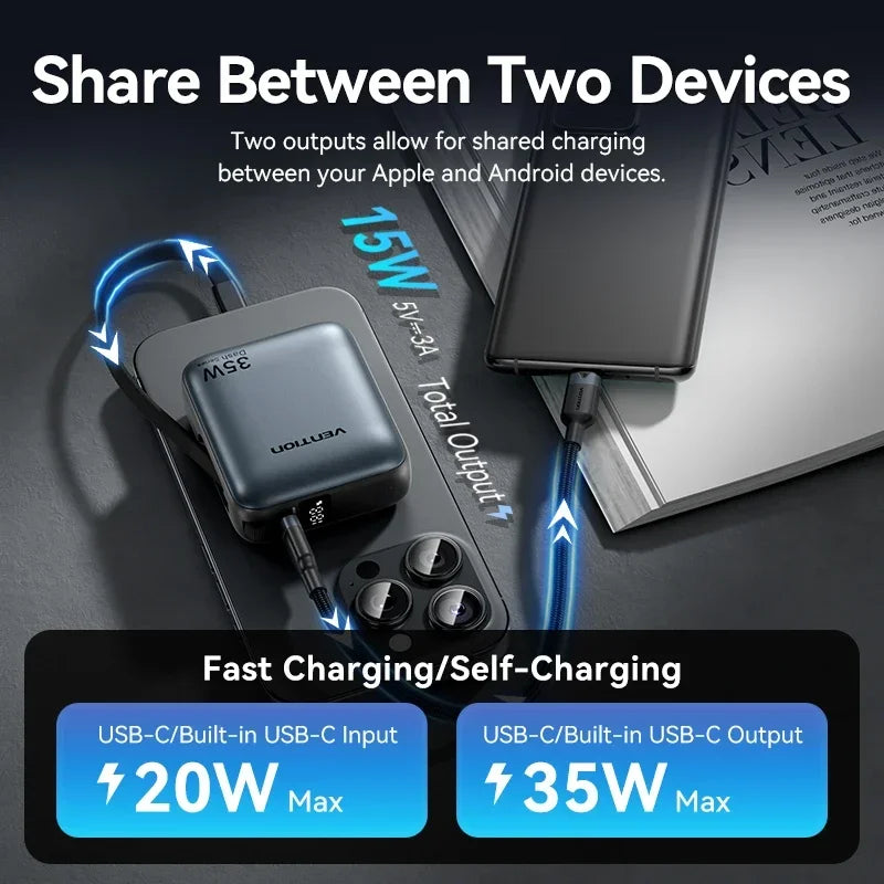 Vention 10000mAh Power Bank 35W – 3C Fast Charge, Built-In Cable, Digital Display, Beige / Gray