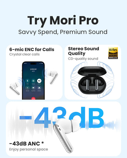 HAYLOU Mori Pro Wireless Earbuds – 43dB ANC, LDAC Hi-Res, 28H Battery