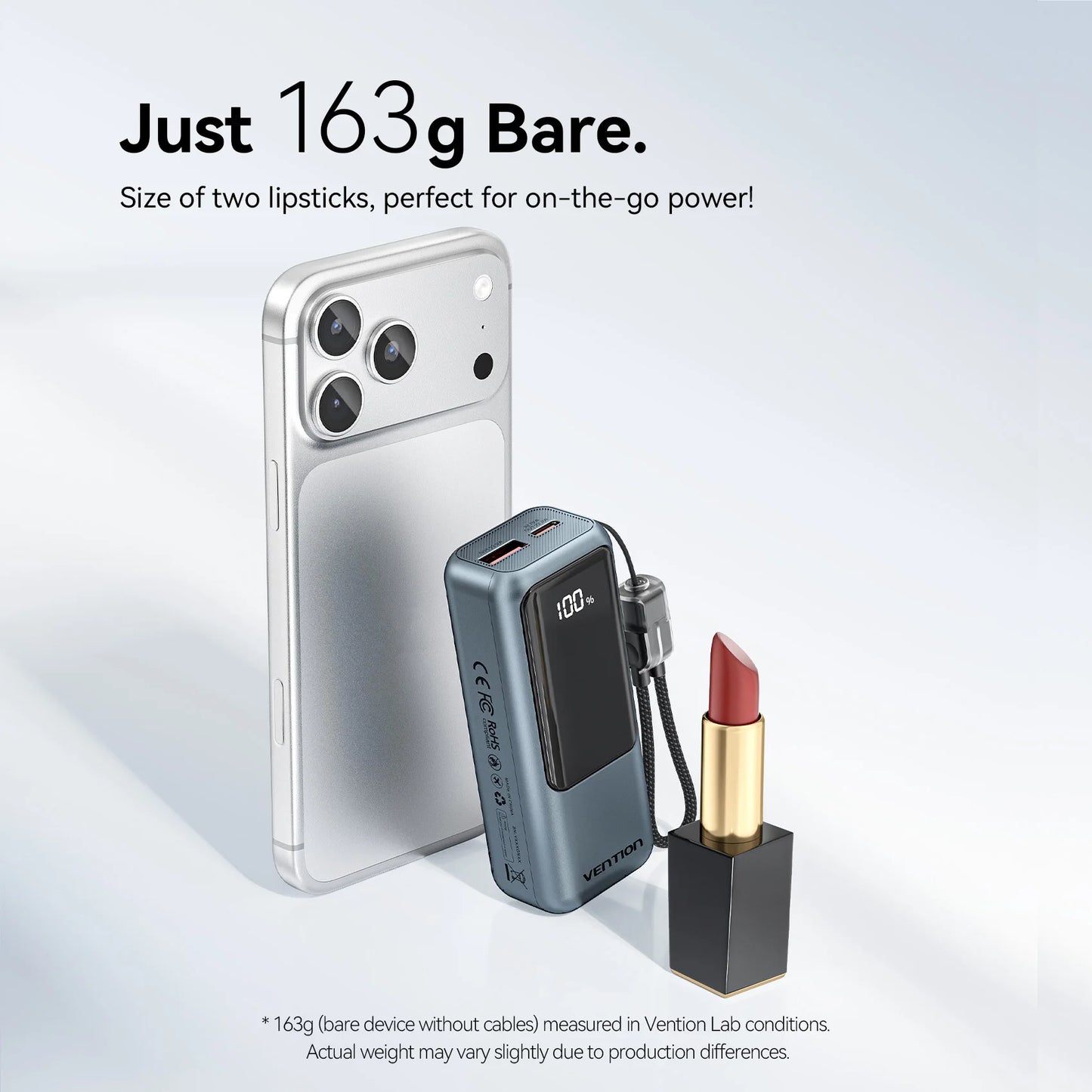 Vention 10000mAh Mini Power Bank – 22.5W Fast Charge, Built-In USB-C Cable, Digital Display