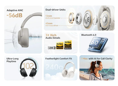 QCY ANC Wireless Headphone H3S 56dB Noise Canceling Hi-Res 3D Spatial Audio Earphone with LDAC Bluetooth 6.0 Over Ear Headset