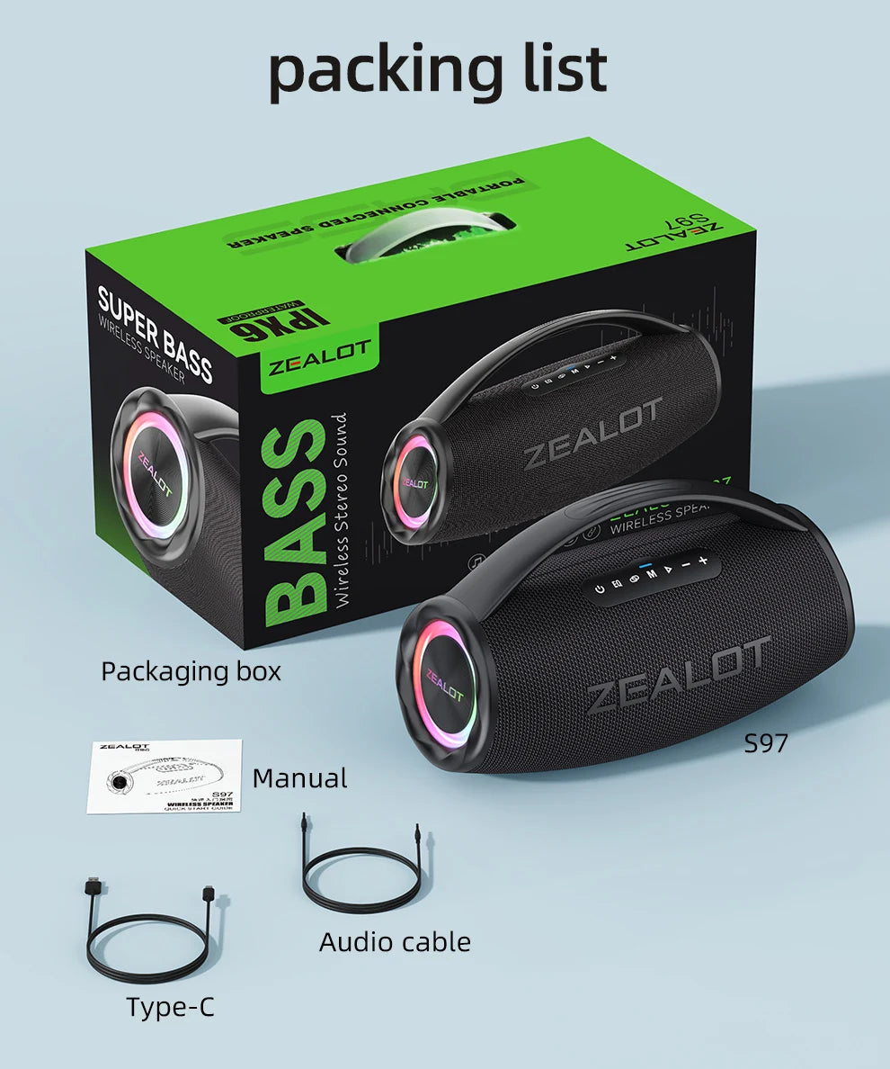 ZEALOT S97 80W Portable Bluetooth Speaker – RGB Lights, Waterproof, 360° Stereo, TWS