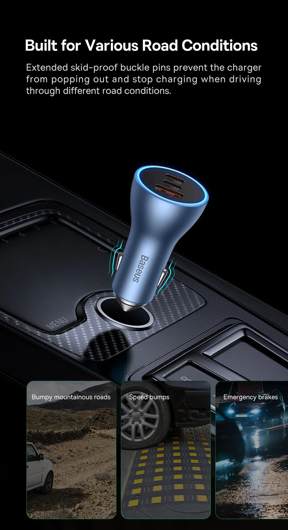 Baseus 65W Car Charger — 3-Port USB-C & USB-A, Fast Charging