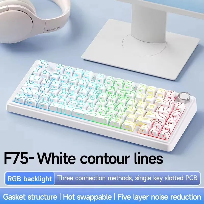 AULA F75 Wireless Gaming Mechanical Keyboard RGB Light Customized 75% Layout Tri Modes Contour Side Carved PBT Keycap Keyboard