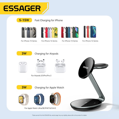 Essager 3-in-1 Magnetic Wireless Charging Stand – iPhone, Watch & AirPods