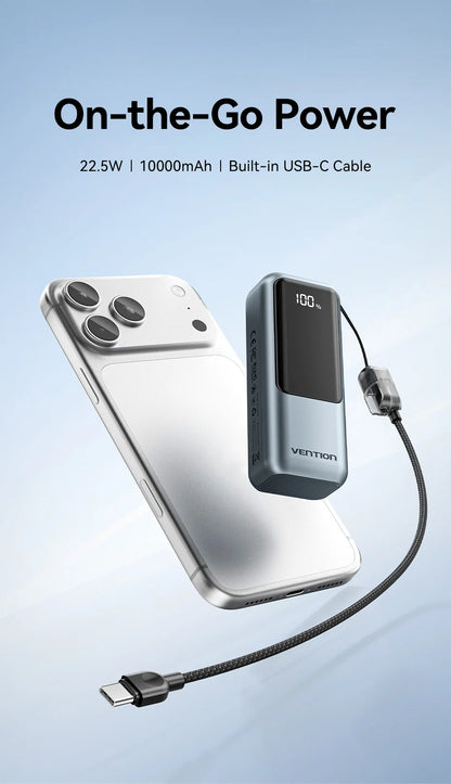 Vention 10000mAh Mini Power Bank – 22.5W Fast Charge, Built-In USB-C Cable, Digital Display
