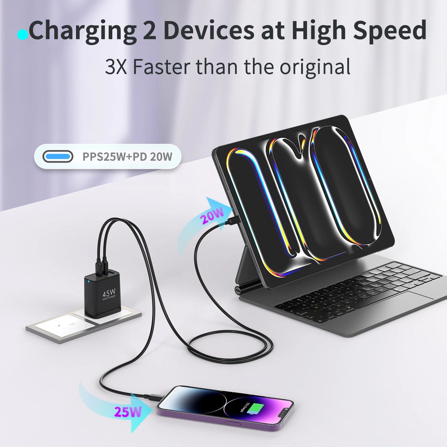 45W 3-Port GaN Wall Charger – USB-C & USB-A (2-Pack)