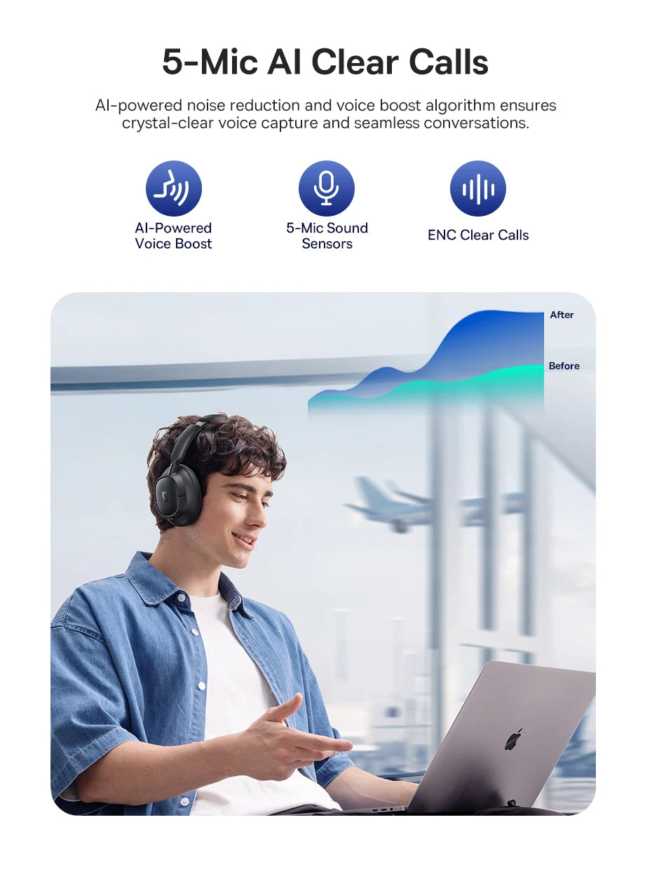 Baseus Bass EH10 NC ANC Headphones  -45dB Noise Cancelling, Bluetooth 6.0, 80Hr Battery, Spatial Audio