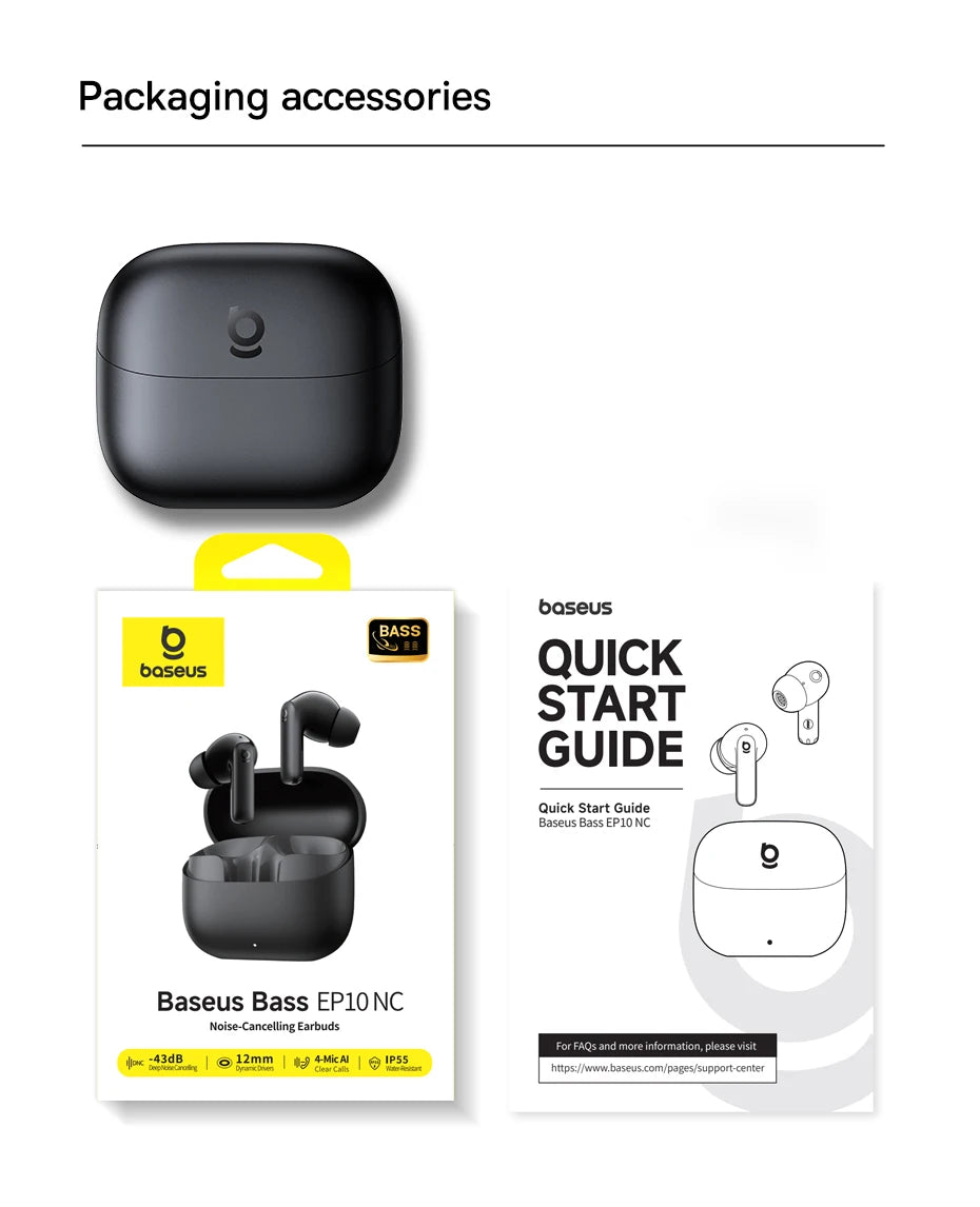 Baseus Bass EP10 ANC Earbuds – -43dB Noise Cancelling, Bluetooth 6.0, 41Hr Battery, 4-Mic ENC