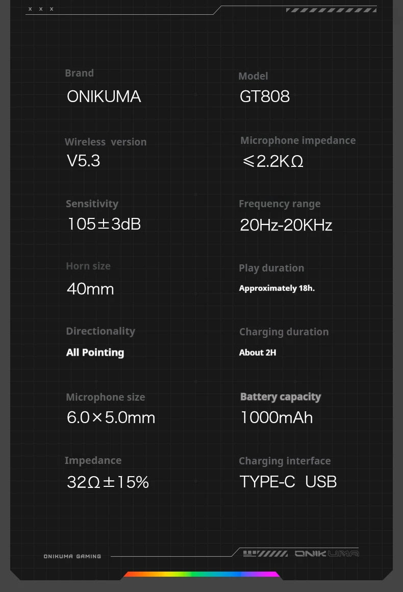 ONIKUMA GT808 Tri-mode Gaming Headset RGB Lighting 2.4G Wireless Gaming PC Wired Desktop with Headset   Ultra Long Life