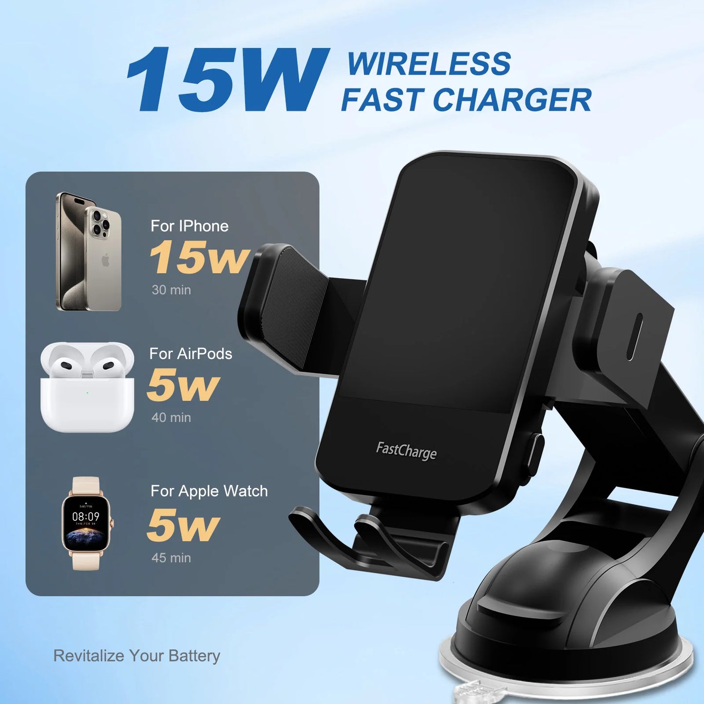 15W Wireless Car Charger & Phone Holder Mount