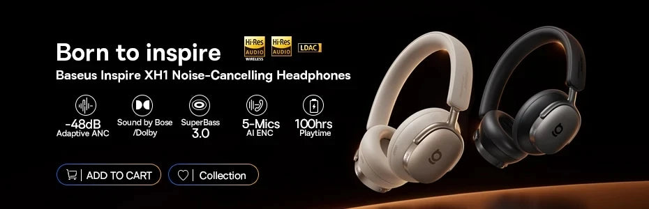Baseus Bass EH10 NC ANC Headphones  -45dB Noise Cancelling, Bluetooth 6.0, 80Hr Battery, Spatial Audio