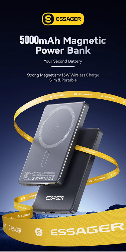Essager Slim Magnetic Power Bank — 5000mAh, 20W Wireless, MagSafe iPhone 14–17