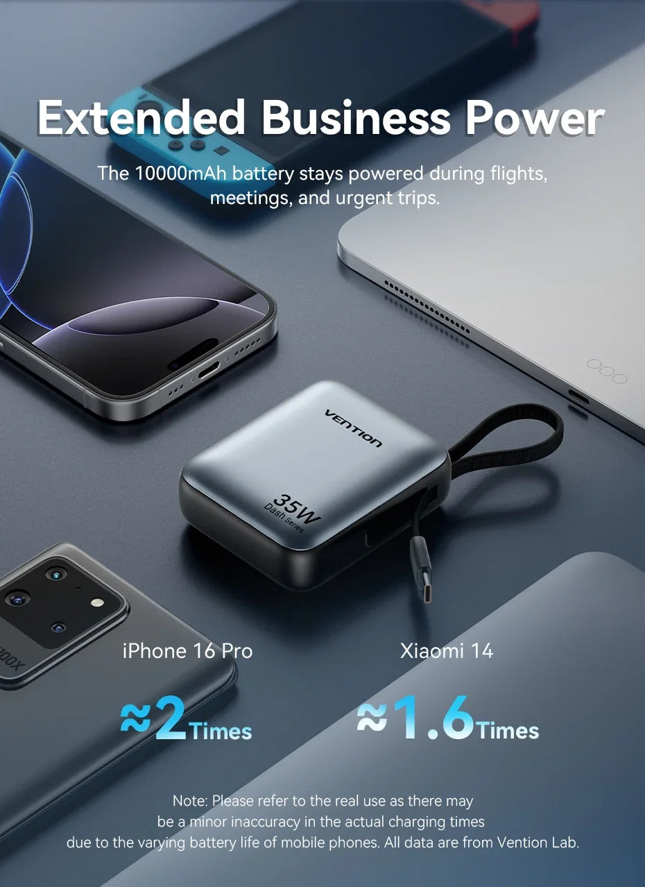 Vention 10000mAh Power Bank 35W – 3C Fast Charge, Built-In Cable, Digital Display, Beige / Gray