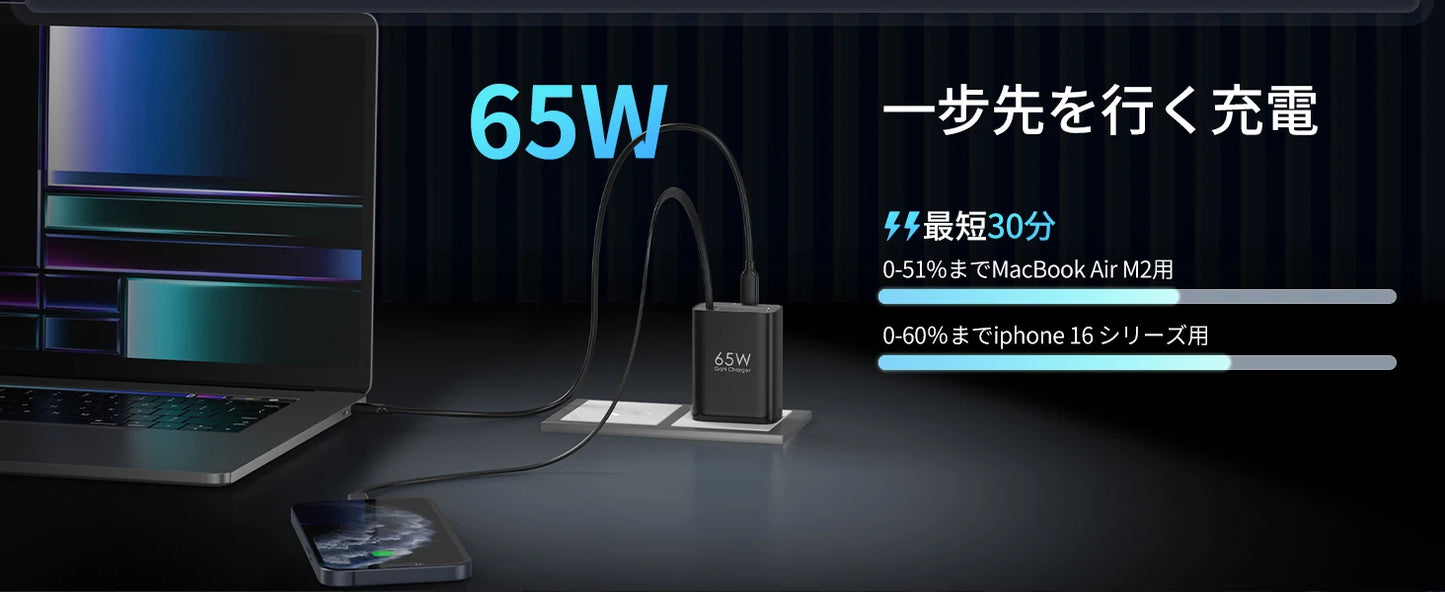 65W GaN 3-Port Travel Charger with Retractable USB-C Cable