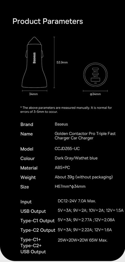 Baseus 65W Car Charger — 3-Port USB-C & USB-A, Fast Charging