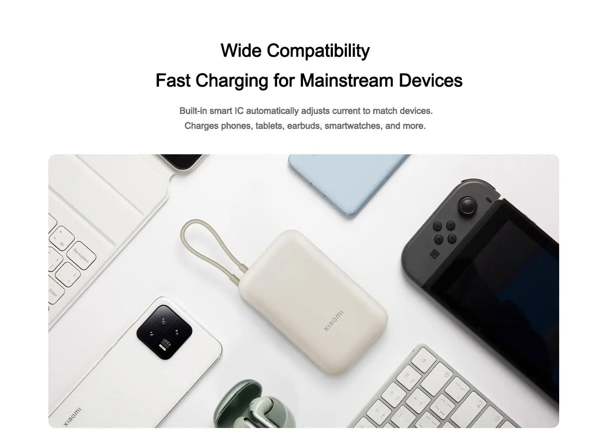 Xiaomi 10000mAh Pocket Power Bank – 22.5W Fast Charge, Built-In USB-C Cable, Triple Output