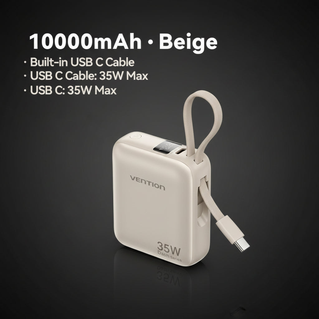 Vention 10000mAh Power Bank 35W – 3C Fast Charge, Built-In Cable, Digital Display, Beige / Gray