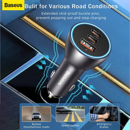 Baseus 65W Car Charger — 3-Port USB-C & USB-A, Fast Charging