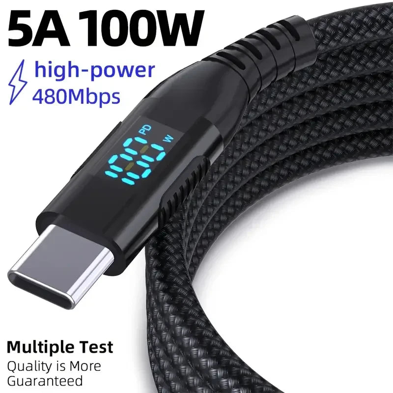 100W USB-C Cable – Laptop & Phone Fast Charging, Nylon Braided, 1m / 2m / 3m
