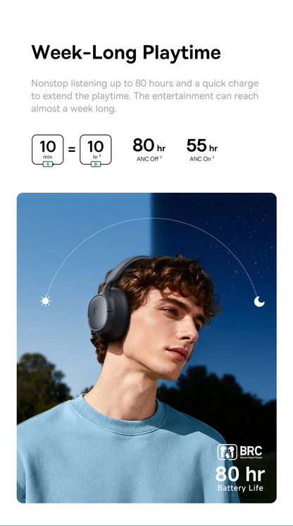 Baseus Bass EH10 NC ANC Headphones  -45dB Noise Cancelling, Bluetooth 6.0, 80Hr Battery, Spatial Audio